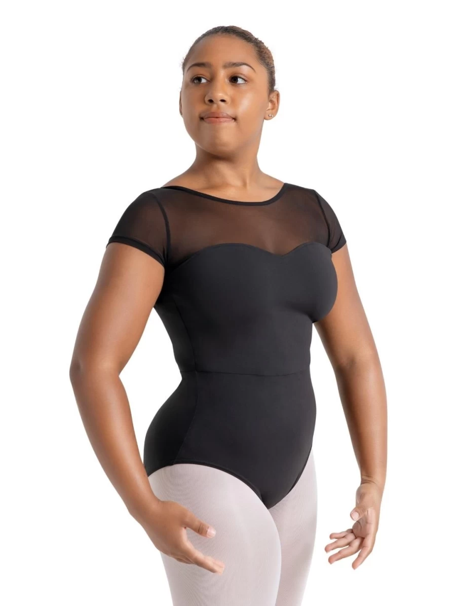 Capezio Black Meryl Mesh Yoke Short Sleeve Dance Leotard